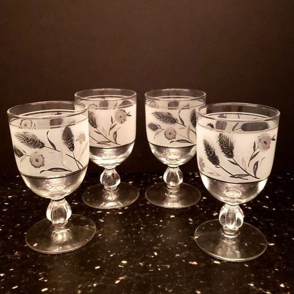 Libbey Frosted Silver Wheat Wildflower Glasses Mid-century Modern Vintage Retro - Picture 1 of 9